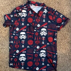Minnesota Twins and Star Wars Men's Blue and Red Graphic Button Up Shirt